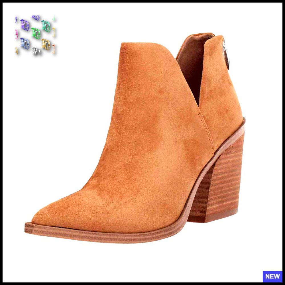 Pointed Toe Ankle Booties Stacked Heel V Cut Back Zipper Faux Leather Chic